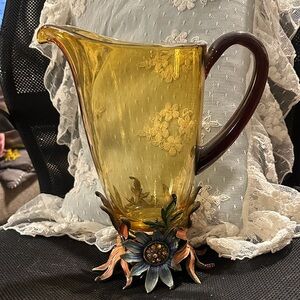 Elegant Jay Strongwater Amber Glass Pitcher with Floral embellished  Base